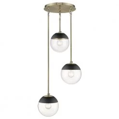 Dixon 3-Light Aged Brass Pendant with Clear Glass and Black Cap by Golden Lighting