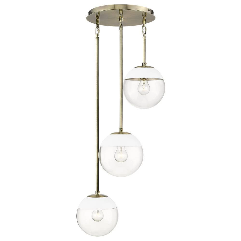 Dixon 3-Light Aged Brass Pendant with Clear Glass and White Cap by Golden Lighting 4 Dixon 3-Light Aged Brass Pendant with Clear Glass and White Cap by Golden Lighting - Image 2