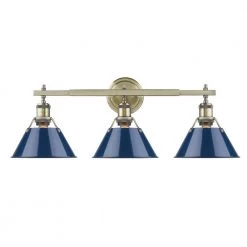Orwell AB 3-Light Aged Brass Bath Light with Navy Blue Shade by Golden Lighting