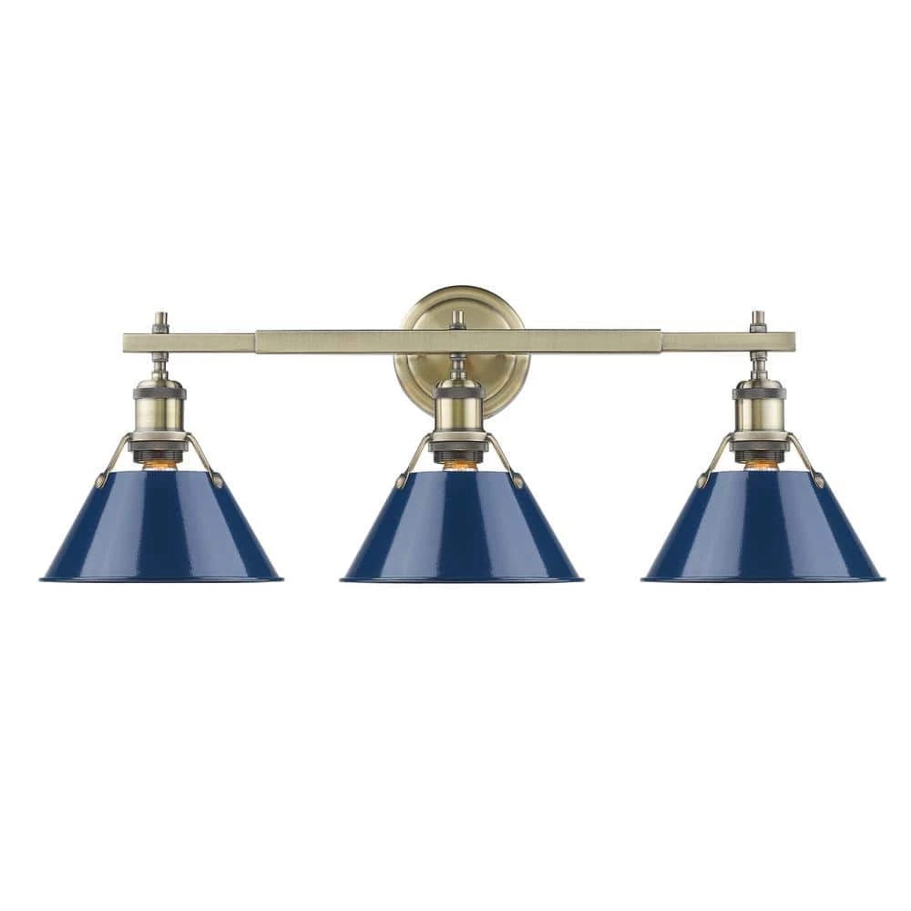 Orwell AB 3-Light Aged Brass Bath Light with Navy Blue Shade by Golden Lighting 3 Orwell AB 3-Light Aged Brass Bath Light with Navy Blue Shade by Golden Lighting