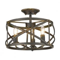 Alcott 11.13 in. Antique Black Iron Semi-Flush Mount by Golden Lighting