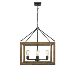 Sutton 4-Light Pendant in Black with Wood Cage by Golden Lighting