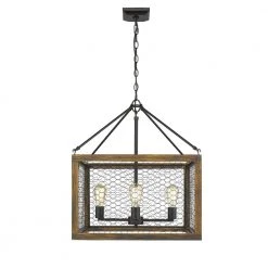 Sutton 4-Light Pendant in Black with Wood Cage and Black Chicken Wire Panels by Golden Lighting
