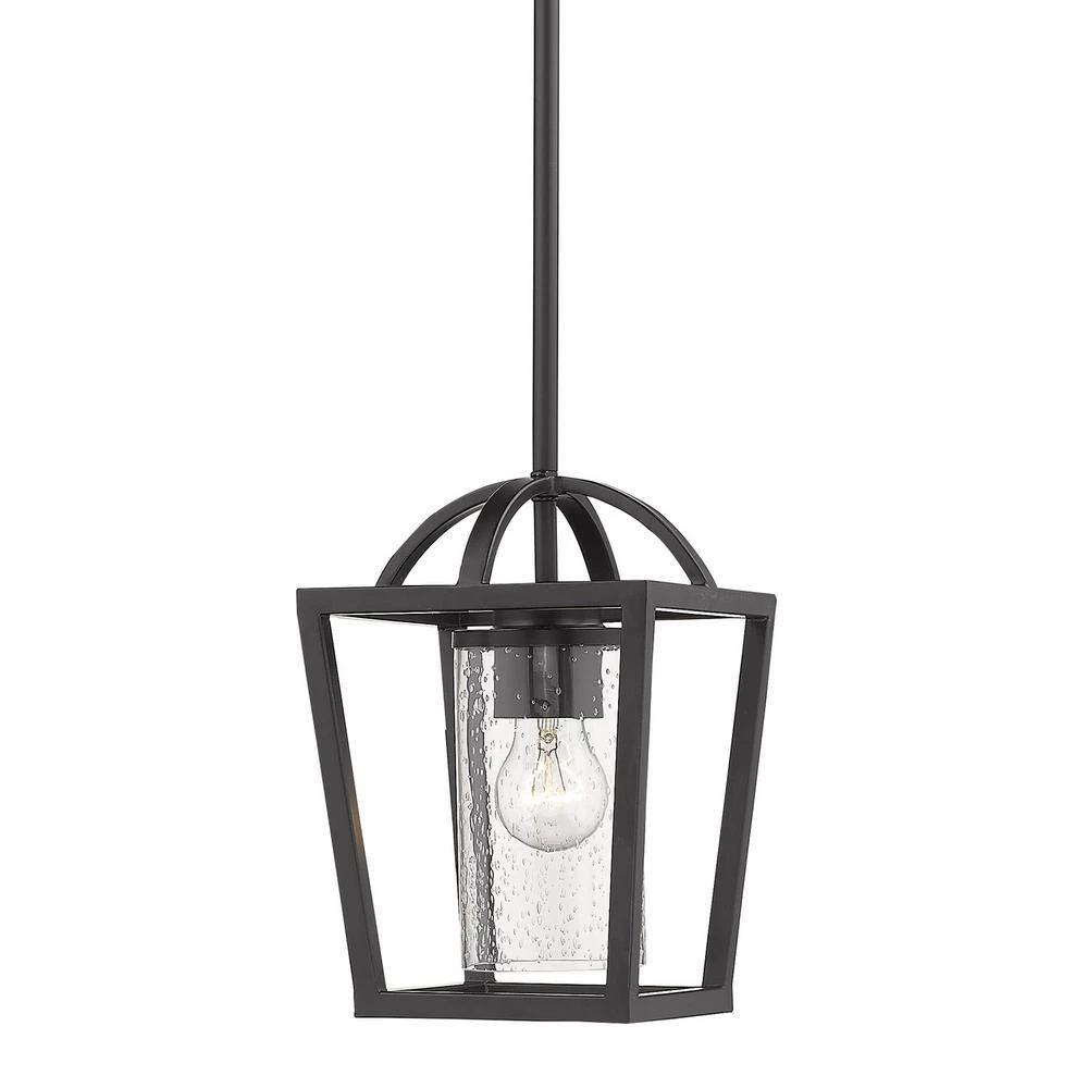 Mercer 1-Light Black Lantern Mini Pendant with Seeded Glass Shade by Golden Lighting 5 Mercer 1-Light Black Lantern Mini Pendant with Seeded Glass Shade by Golden Lighting - Image 3