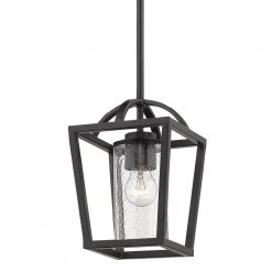 Mercer 1-Light Black Lantern Mini Pendant with Seeded Glass Shade by Golden Lighting