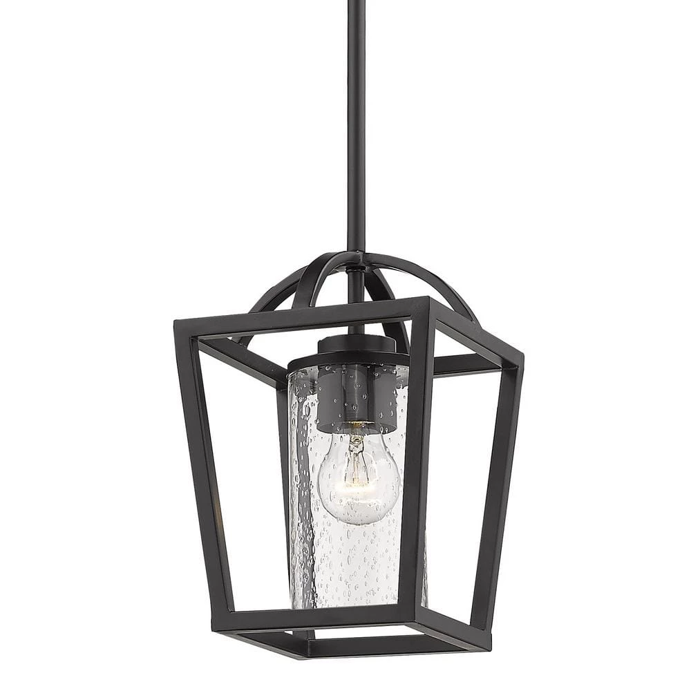 Mercer 1-Light Black Lantern Mini Pendant with Seeded Glass Shade by Golden Lighting 3 Mercer 1-Light Black Lantern Mini Pendant with Seeded Glass Shade by Golden Lighting