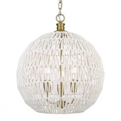 Florence 3 Light Brushed Champagne Bronze Bleached White Raphia Rope Globe Pendant Light by Golden Lighting