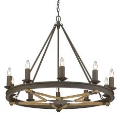 Stokes 10-Light Dark Rust Wagon Wheel Chandelier by Golden Lighting