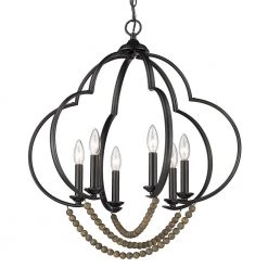 Flori 6 Light Matte Black Espresso Wood Beads Lantern Pendant Light by Golden Lighting