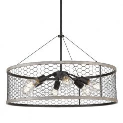 Bailey 6-Light Matte Black Drum Chandelier with Metal Chicken Wire Shade by Golden Lighting