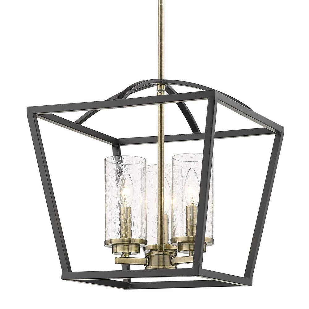 Mercer 3-Light Pendant in Matte Black with Aged Brass Accents and Seeded Glass by Golden Lighting 5 Mercer 3-Light Pendant in Matte Black with Aged Brass Accents and Seeded Glass by Golden Lighting - Image 3