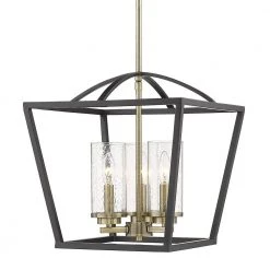 Mercer 3-Light Pendant in Matte Black with Aged Brass Accents and Seeded Glass by Golden Lighting