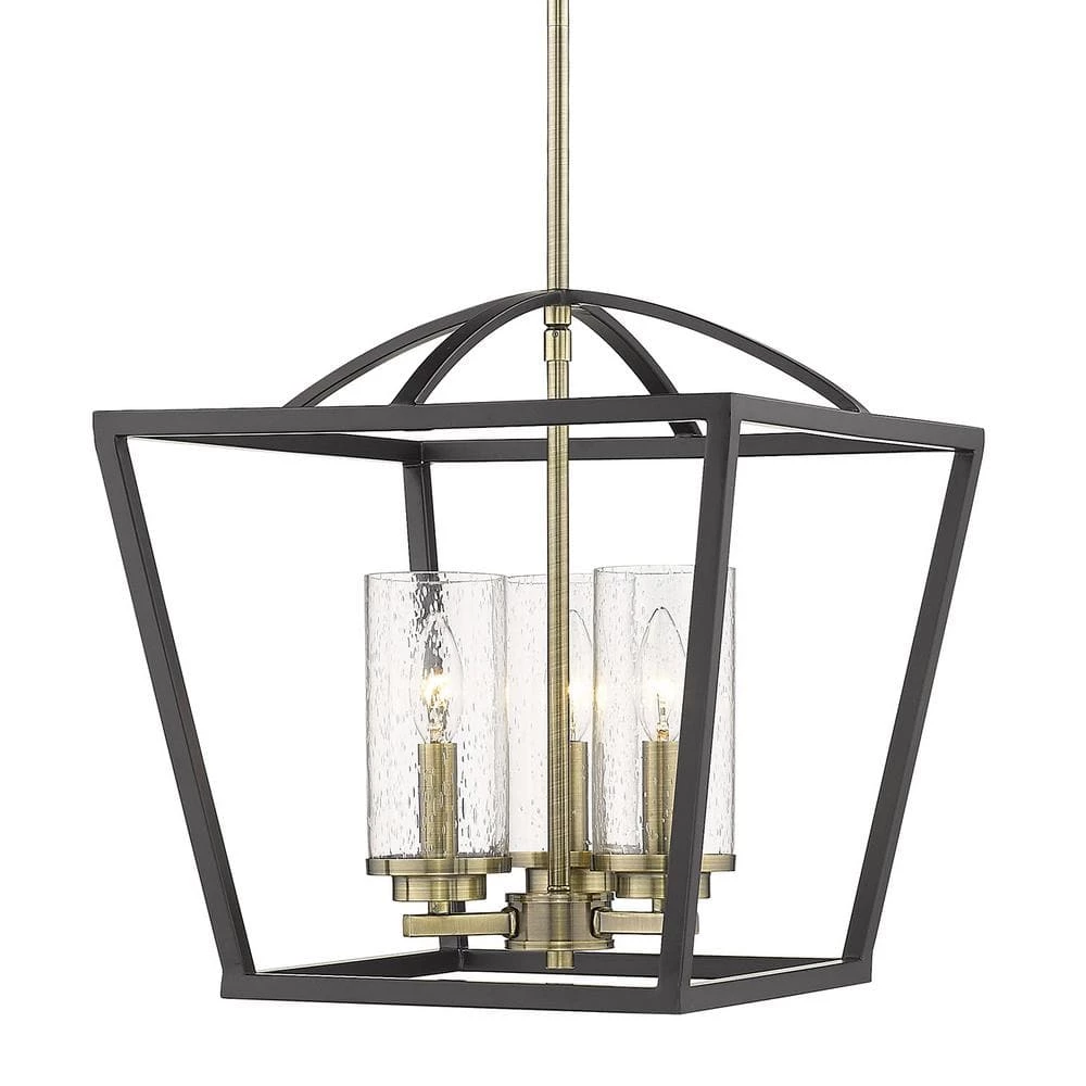 Mercer 3-Light Pendant in Matte Black with Aged Brass Accents and Seeded Glass by Golden Lighting 3 Mercer 3-Light Pendant in Matte Black with Aged Brass Accents and Seeded Glass by Golden Lighting