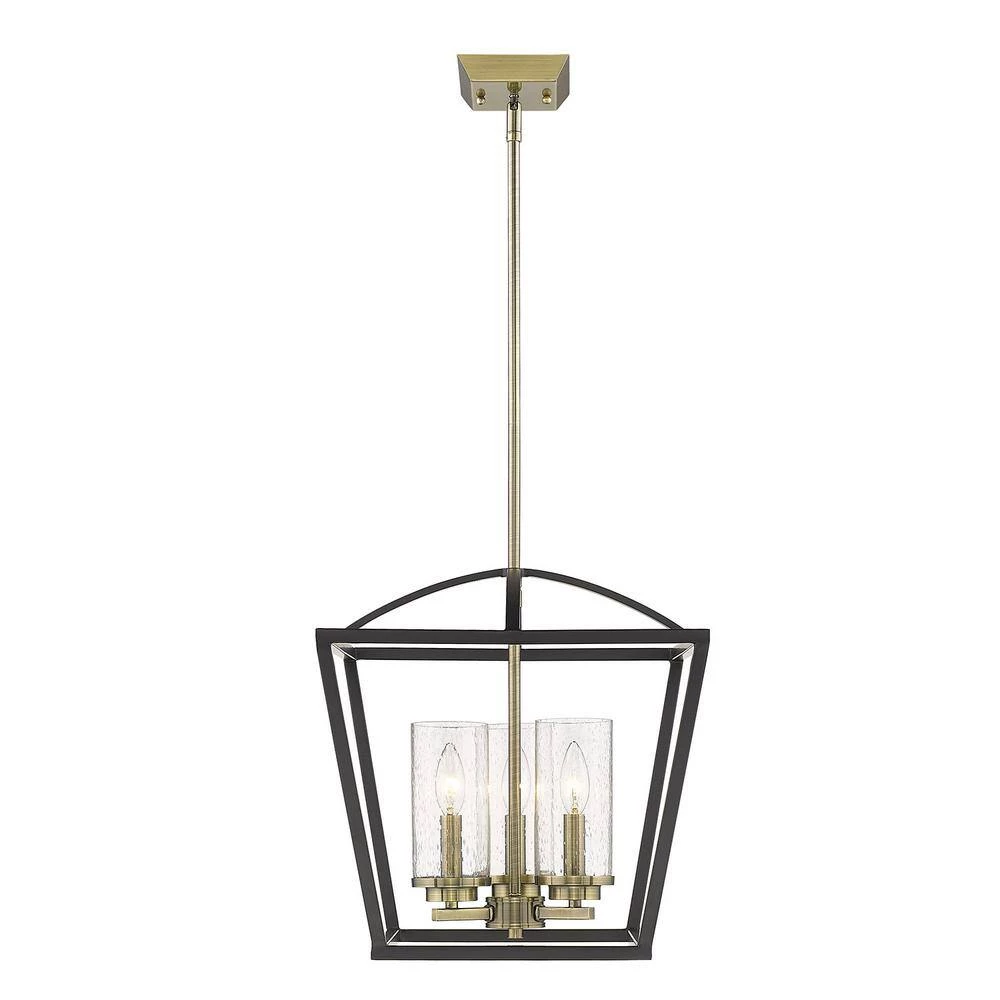 Mercer 3-Light Pendant in Matte Black with Aged Brass Accents and Seeded Glass by Golden Lighting 4 Mercer 3-Light Pendant in Matte Black with Aged Brass Accents and Seeded Glass by Golden Lighting - Image 2