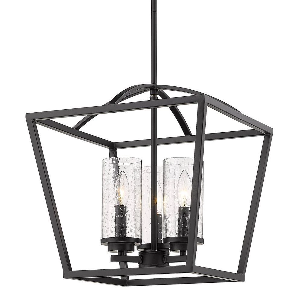 Mercer 3-Light Pendant in Matte Black with Matte Black Accents and Seeded Glass by Golden Lighting 5 Mercer 3-Light Pendant in Matte Black with Matte Black Accents and Seeded Glass by Golden Lighting - Image 3