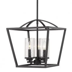 Mercer 3-Light Pendant in Matte Black with Matte Black Accents and Seeded Glass by Golden Lighting