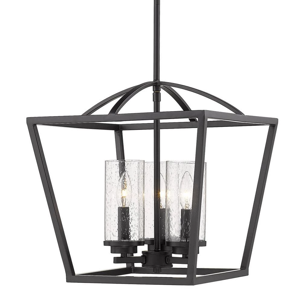 Mercer 3-Light Pendant in Matte Black with Matte Black Accents and Seeded Glass by Golden Lighting 3 Mercer 3-Light Pendant in Matte Black with Matte Black Accents and Seeded Glass by Golden Lighting