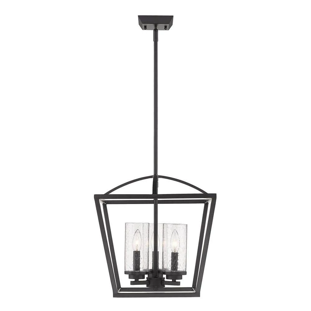 Mercer 3-Light Pendant in Matte Black with Matte Black Accents and Seeded Glass by Golden Lighting 4 Mercer 3-Light Pendant in Matte Black with Matte Black Accents and Seeded Glass by Golden Lighting - Image 2