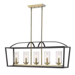 Mercer 5-Light Linear Pendant in Matte Black with Aged Brass Accents and Seeded Glass by Golden Lighting -Golden Lighting Shop matte black golden lighting chandeliers 4309 lp blk ab sd 1f 1000