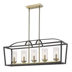 Mercer 5-Light Linear Pendant in Matte Black with Aged Brass Accents and Seeded Glass by Golden Lighting -Golden Lighting Shop matte black golden lighting chandeliers 4309 lp blk ab sd 4f 1000