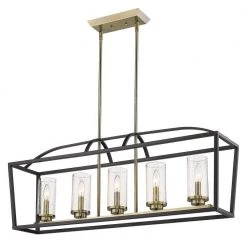 Mercer 5-Light Linear Pendant in Matte Black with Aged Brass Accents and Seeded Glass by Golden Lighting
