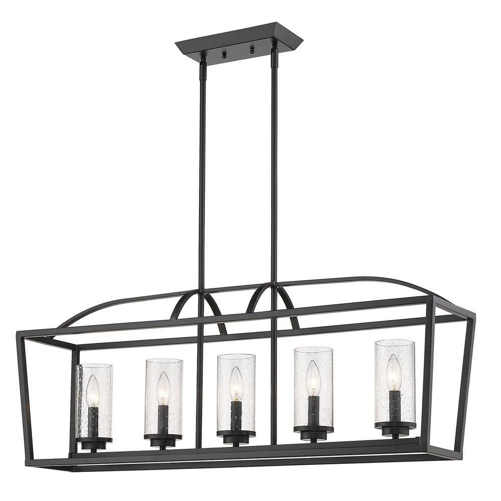 Mercer 5-Light Linear Pendant in Matte Black with Matte Black Accents and Seeded Glass by Golden Lighting 5 Mercer 5-Light Linear Pendant in Matte Black with Matte Black Accents and Seeded Glass by Golden Lighting - Image 3
