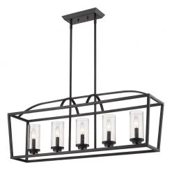 Mercer 5-Light Linear Pendant in Matte Black with Matte Black Accents and Seeded Glass by Golden Lighting