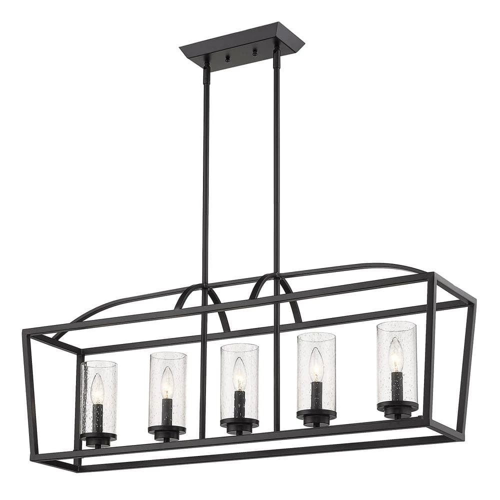Mercer 5-Light Linear Pendant in Matte Black with Matte Black Accents and Seeded Glass by Golden Lighting 3 Mercer 5-Light Linear Pendant in Matte Black with Matte Black Accents and Seeded Glass by Golden Lighting