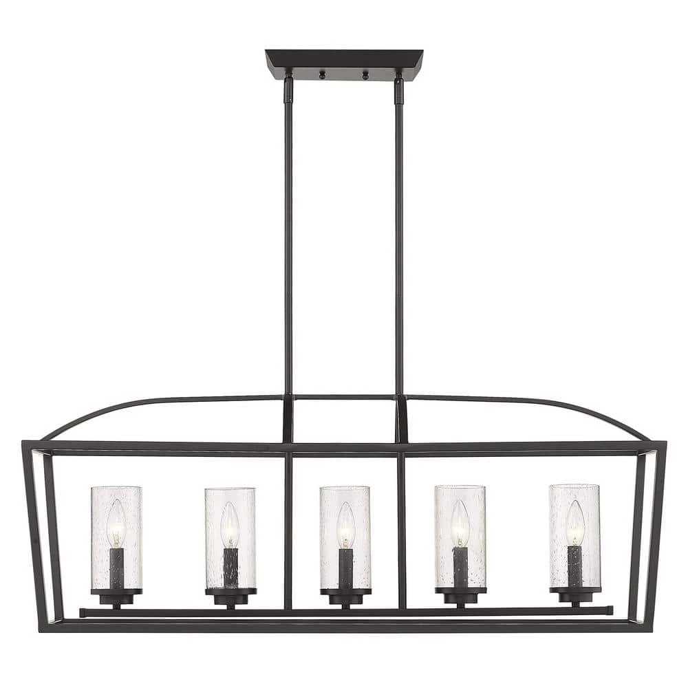 Mercer 5-Light Linear Pendant in Matte Black with Matte Black Accents and Seeded Glass by Golden Lighting 4 Mercer 5-Light Linear Pendant in Matte Black with Matte Black Accents and Seeded Glass by Golden Lighting - Image 2