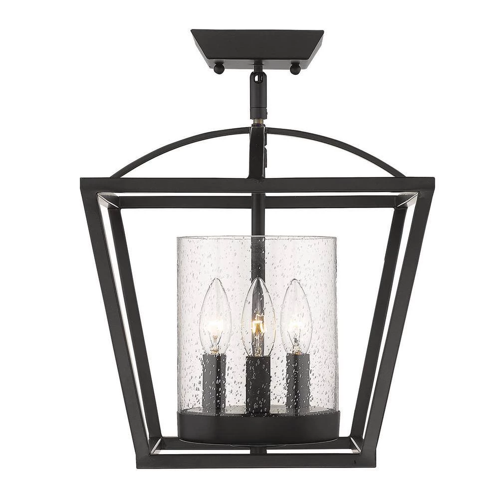Mercer 3-Light Matte Black Mini Chandelier with Matte Black Accents and Seeded Glass by Golden Lighting 6 Mercer 3-Light Matte Black Mini Chandelier with Matte Black Accents and Seeded Glass by Golden Lighting - Image 4