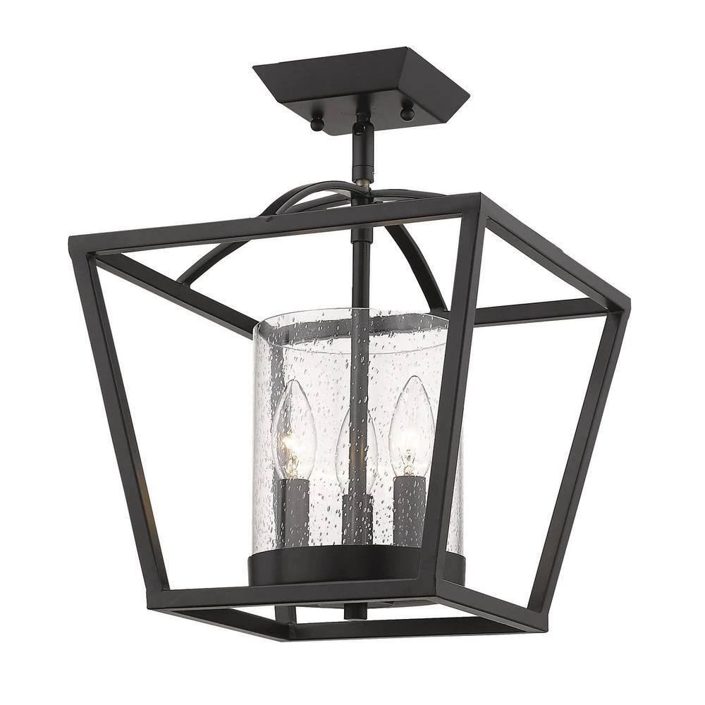 Mercer 3-Light Matte Black Mini Chandelier with Matte Black Accents and Seeded Glass by Golden Lighting 5 Mercer 3-Light Matte Black Mini Chandelier with Matte Black Accents and Seeded Glass by Golden Lighting - Image 3