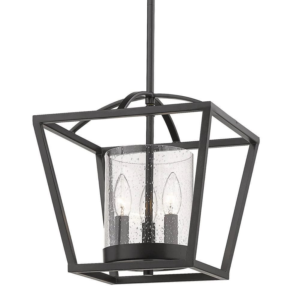Mercer 3-Light Matte Black Mini Chandelier with Matte Black Accents and Seeded Glass by Golden Lighting 3 Mercer 3-Light Matte Black Mini Chandelier with Matte Black Accents and Seeded Glass by Golden Lighting