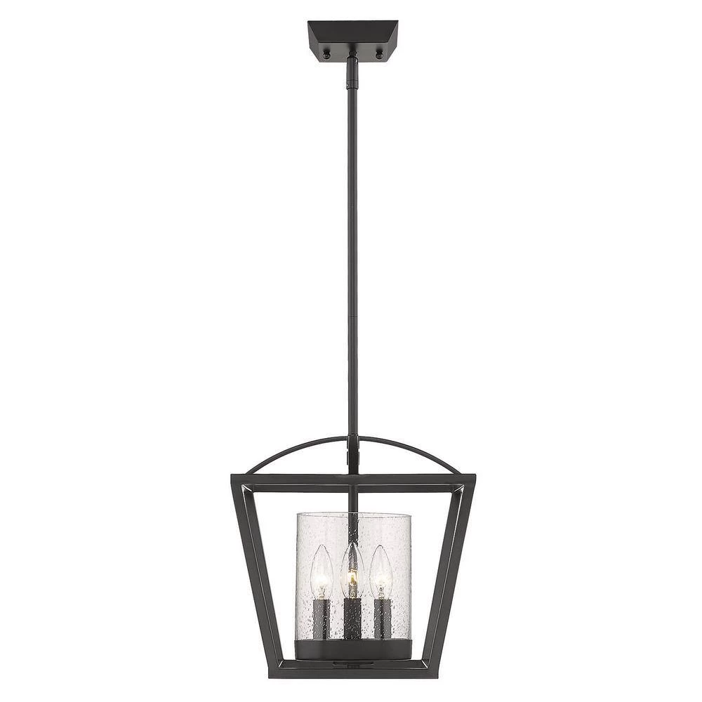 Mercer 3-Light Matte Black Mini Chandelier with Matte Black Accents and Seeded Glass by Golden Lighting 4 Mercer 3-Light Matte Black Mini Chandelier with Matte Black Accents and Seeded Glass by Golden Lighting - Image 2