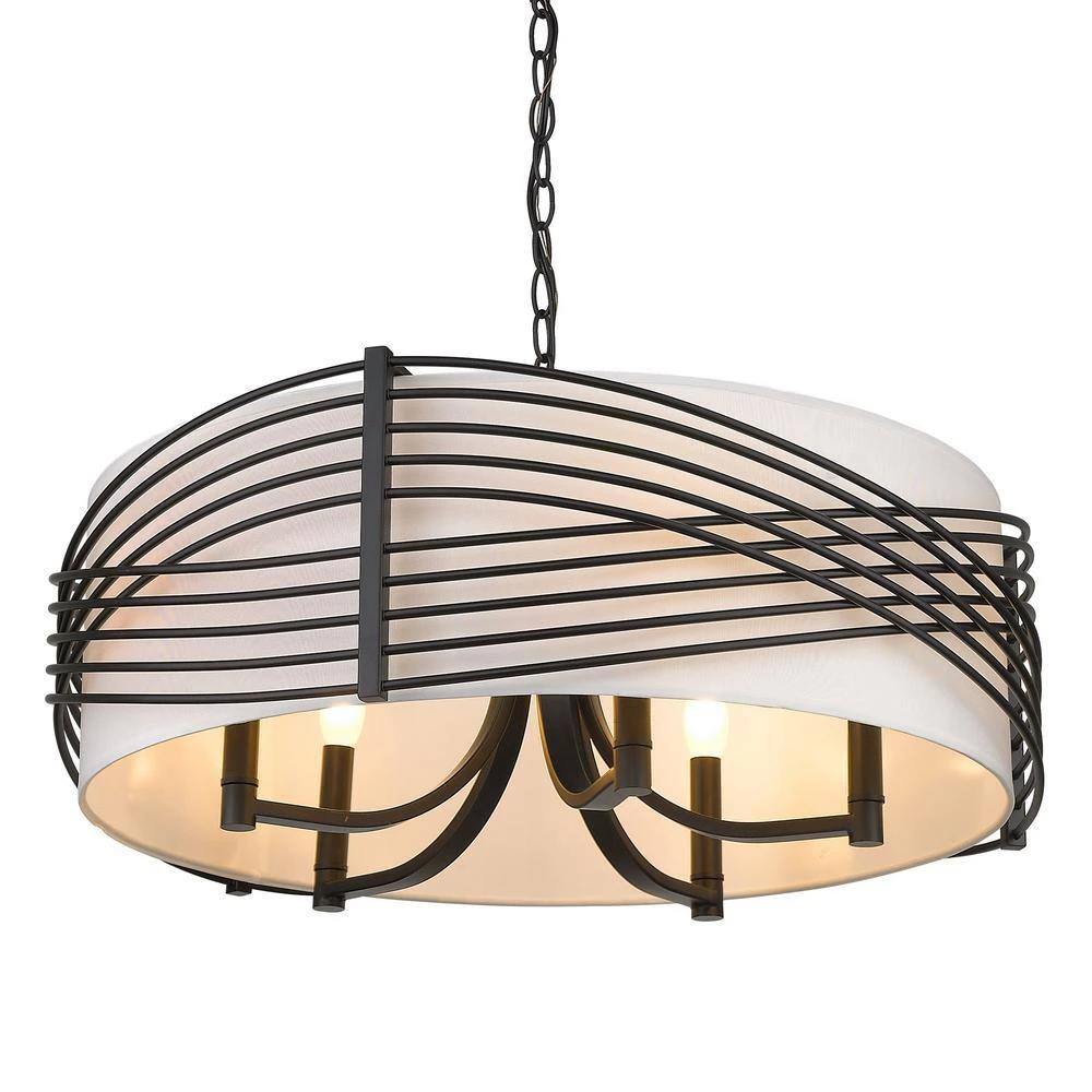 Zara 5-Light Matte Black Drum Chandelier with White Fabric Shade by Golden Lighting 7 Zara 5-Light Matte Black Drum Chandelier with White Fabric Shade by Golden Lighting - Image 5