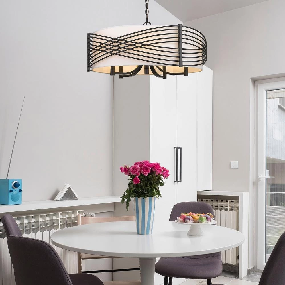 Zara 5-Light Matte Black Drum Chandelier with White Fabric Shade by Golden Lighting 4 Zara 5-Light Matte Black Drum Chandelier with White Fabric Shade by Golden Lighting - Image 2