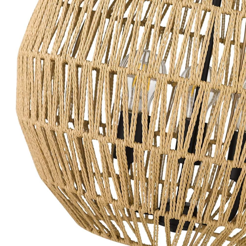 Florence 3-Light Matte Black Globe Pendant with Natural Raphia Rope Shade by Golden Lighting 6 Florence 3-Light Matte Black Globe Pendant with Natural Raphia Rope Shade by Golden Lighting - Image 4