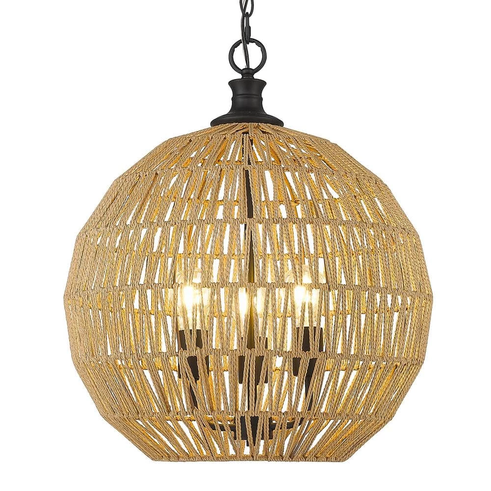 Florence 3-Light Matte Black Globe Pendant with Natural Raphia Rope Shade by Golden Lighting 5 Florence 3-Light Matte Black Globe Pendant with Natural Raphia Rope Shade by Golden Lighting - Image 3