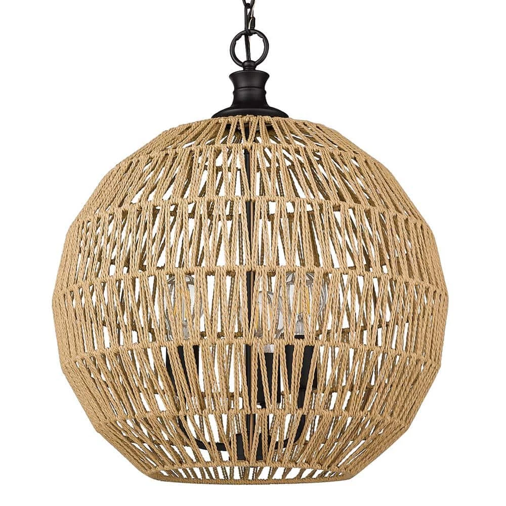 Florence 3-Light Matte Black Globe Pendant with Natural Raphia Rope Shade by Golden Lighting 3 Florence 3-Light Matte Black Globe Pendant with Natural Raphia Rope Shade by Golden Lighting