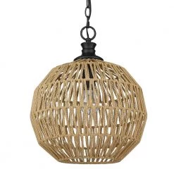 Florence 1-Light Matte Black Globe Pendant with Natural Raphia Rope Shade by Golden Lighting