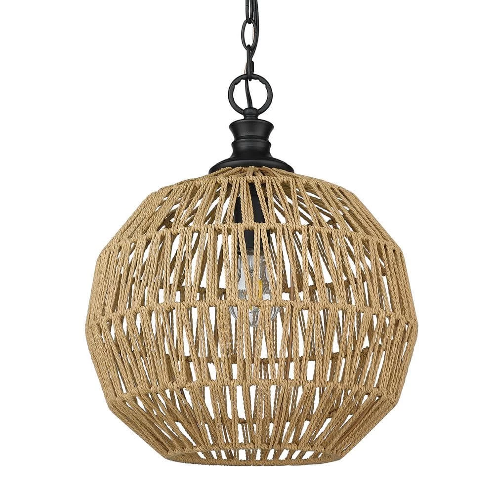 Florence 1-Light Matte Black Globe Pendant with Natural Raphia Rope Shade by Golden Lighting 3 Florence 1-Light Matte Black Globe Pendant with Natural Raphia Rope Shade by Golden Lighting