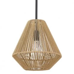 Valentina 1-Light Matte Black Lantern Pendant with Natural Raphia Rope Shade by Golden Lighting
