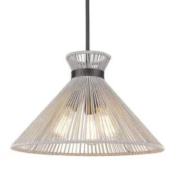 Avon 3-Light Matte Black Pendant with Bleached Raphia Shade by Golden Lighting