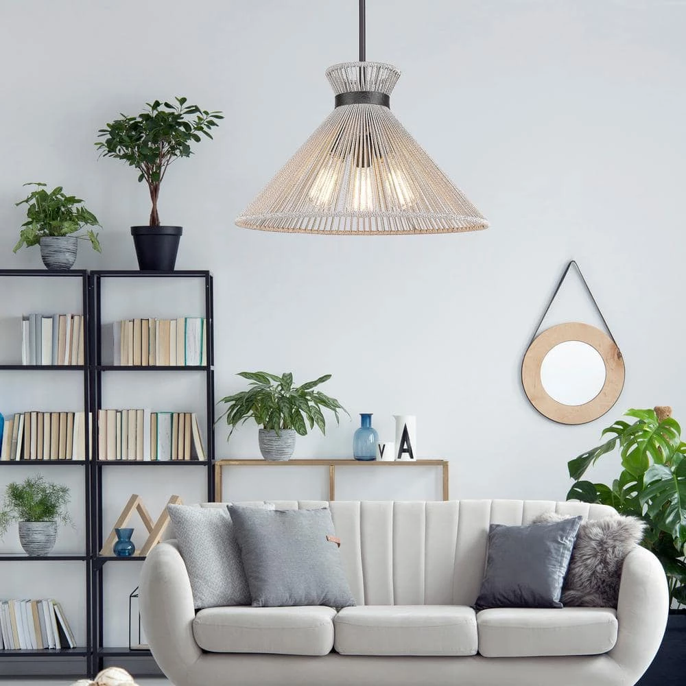 Avon 3-Light Matte Black Pendant with Bleached Raphia Shade by Golden Lighting 4 Avon 3-Light Matte Black Pendant with Bleached Raphia Shade by Golden Lighting - Image 2