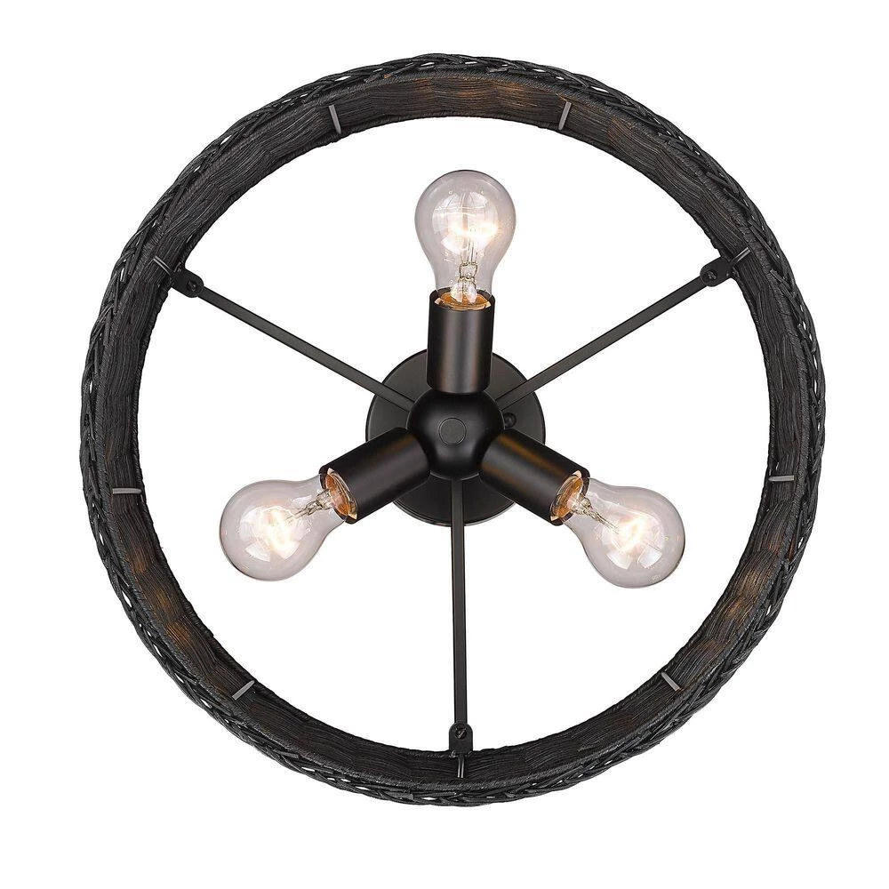 Erma 16.5 in. 3-Light Matte Black Semi-Flush Mount with Black Wicker Shade by Golden Lighting 7 Erma 16.5 in. 3-Light Matte Black Semi-Flush Mount with Black Wicker Shade by Golden Lighting - Image 5