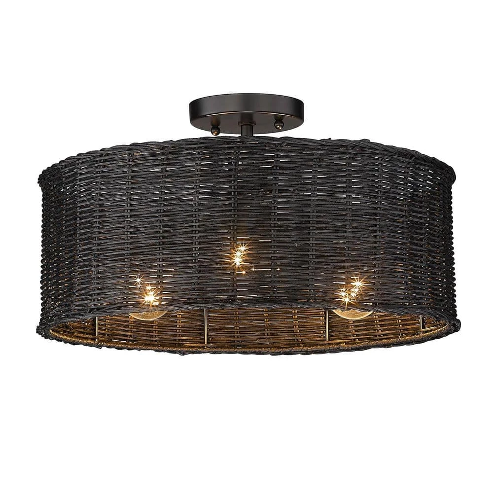Erma 16.5 in. 3-Light Matte Black Semi-Flush Mount with Black Wicker Shade by Golden Lighting 5 Erma 16.5 in. 3-Light Matte Black Semi-Flush Mount with Black Wicker Shade by Golden Lighting - Image 3
