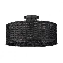 Erma 16.5 in. 3-Light Matte Black Semi-Flush Mount with Black Wicker Shade by Golden Lighting
