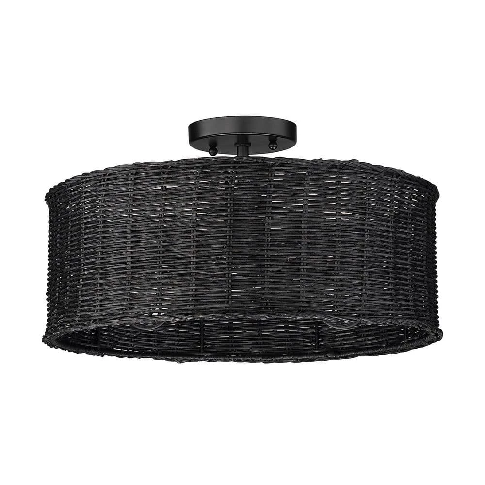 Erma 16.5 in. 3-Light Matte Black Semi-Flush Mount with Black Wicker Shade by Golden Lighting 3 Erma 16.5 in. 3-Light Matte Black Semi-Flush Mount with Black Wicker Shade by Golden Lighting