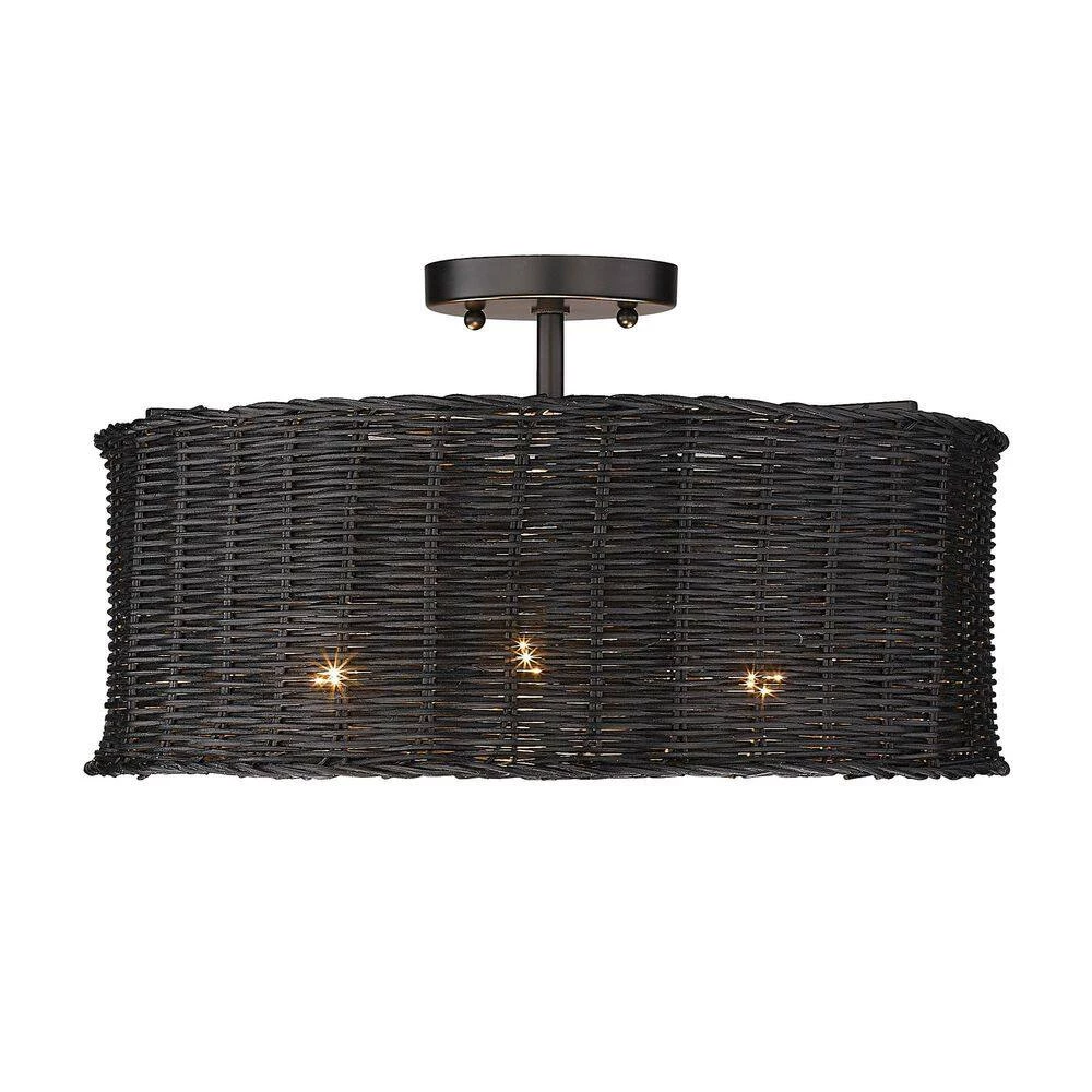 Erma 16.5 in. 3-Light Matte Black Semi-Flush Mount with Black Wicker Shade by Golden Lighting 4 Erma 16.5 in. 3-Light Matte Black Semi-Flush Mount with Black Wicker Shade by Golden Lighting - Image 2