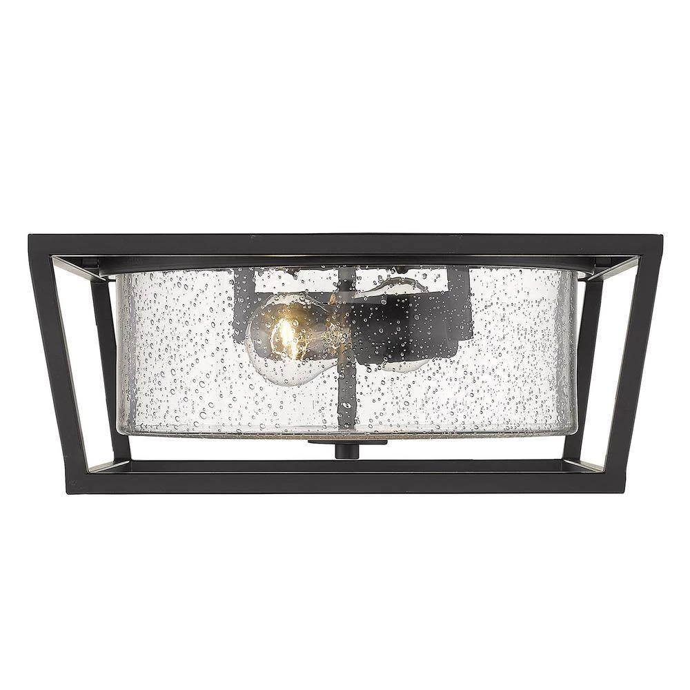 Mercer 14 in. Matte Black with Matte Black Accents and Seeded Glass Flush Mount by Golden Lighting 5 Mercer 14 in. Matte Black with Matte Black Accents and Seeded Glass Flush Mount by Golden Lighting - Image 3