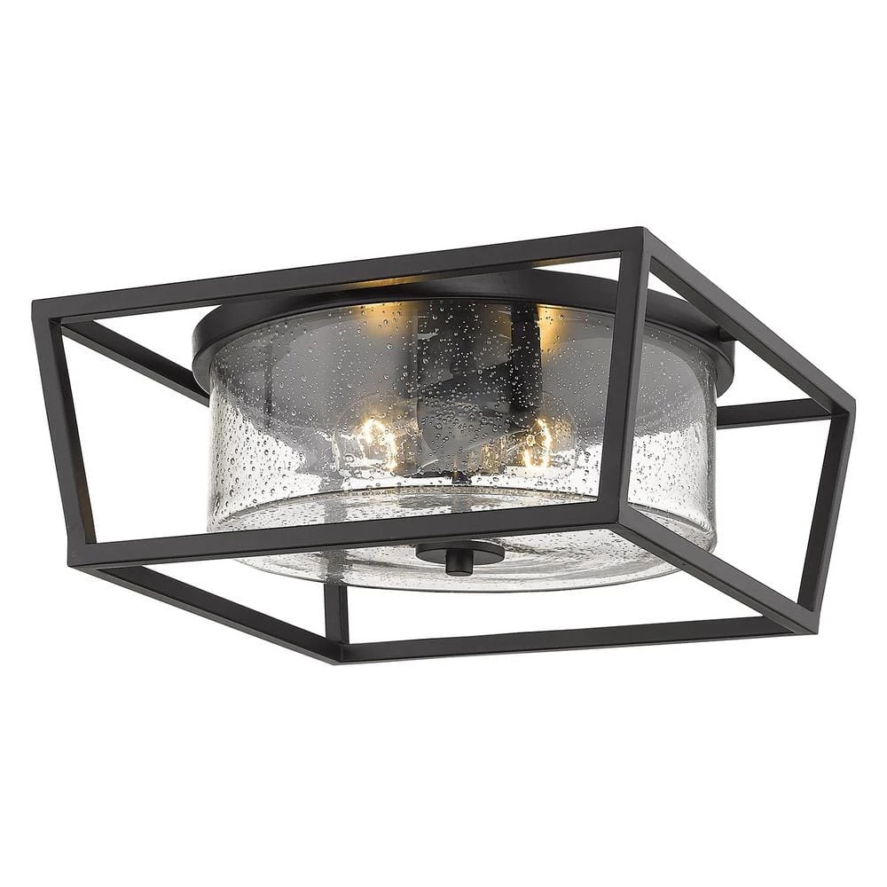 Mercer 14 in. Matte Black with Matte Black Accents and Seeded Glass Flush Mount by Golden Lighting 3 Mercer 14 in. Matte Black with Matte Black Accents and Seeded Glass Flush Mount by Golden Lighting